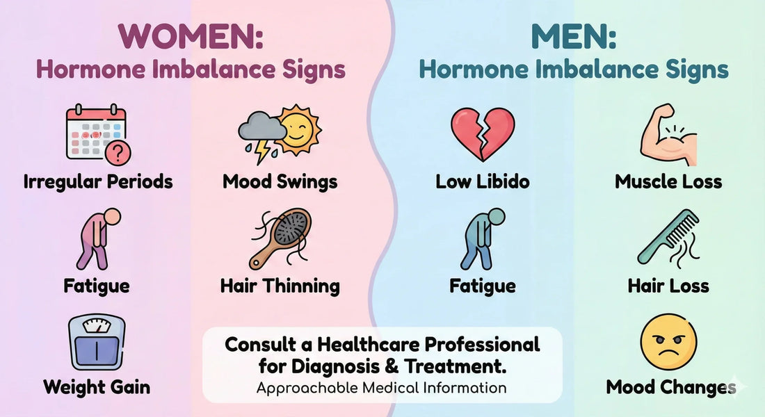 A modern infographic-style image showing signs of hormone imbalance, split design for men and women, clean layout, pastel colors, easy-to-read icons, medical but approachable.