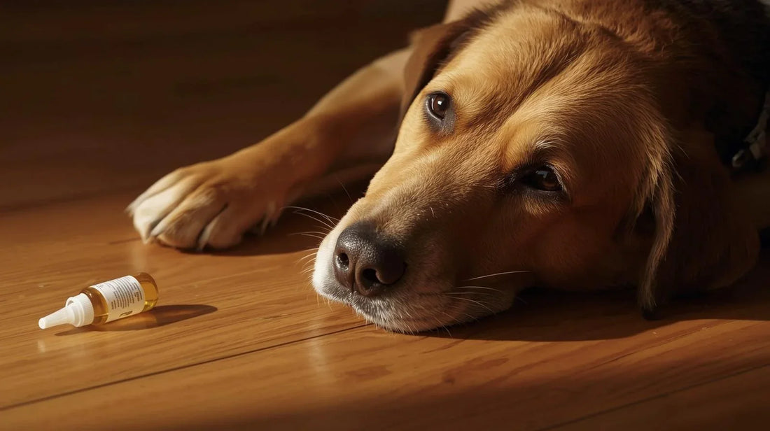 senior dog resting on the floor beside a small medication bottle, illustrating the use of veterinary compounded medications for pets who need personalized treatment.