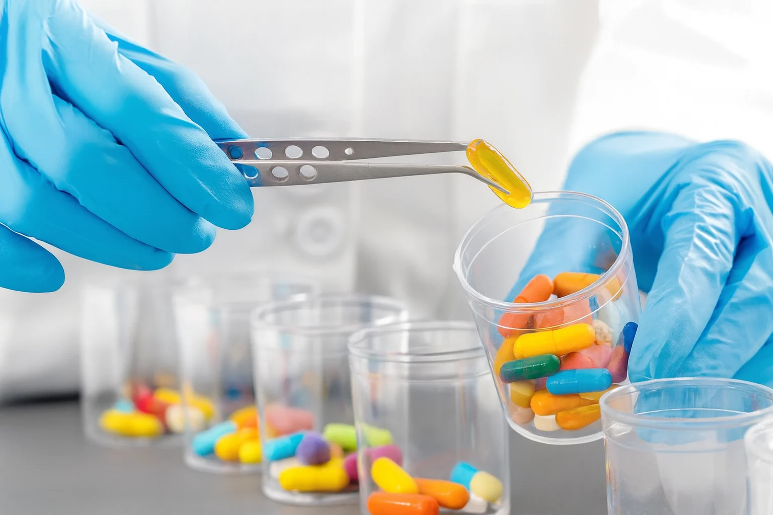 A compounding pharmacy technician in blue gloves sorting various colorful medications with tweezers into clear cups.