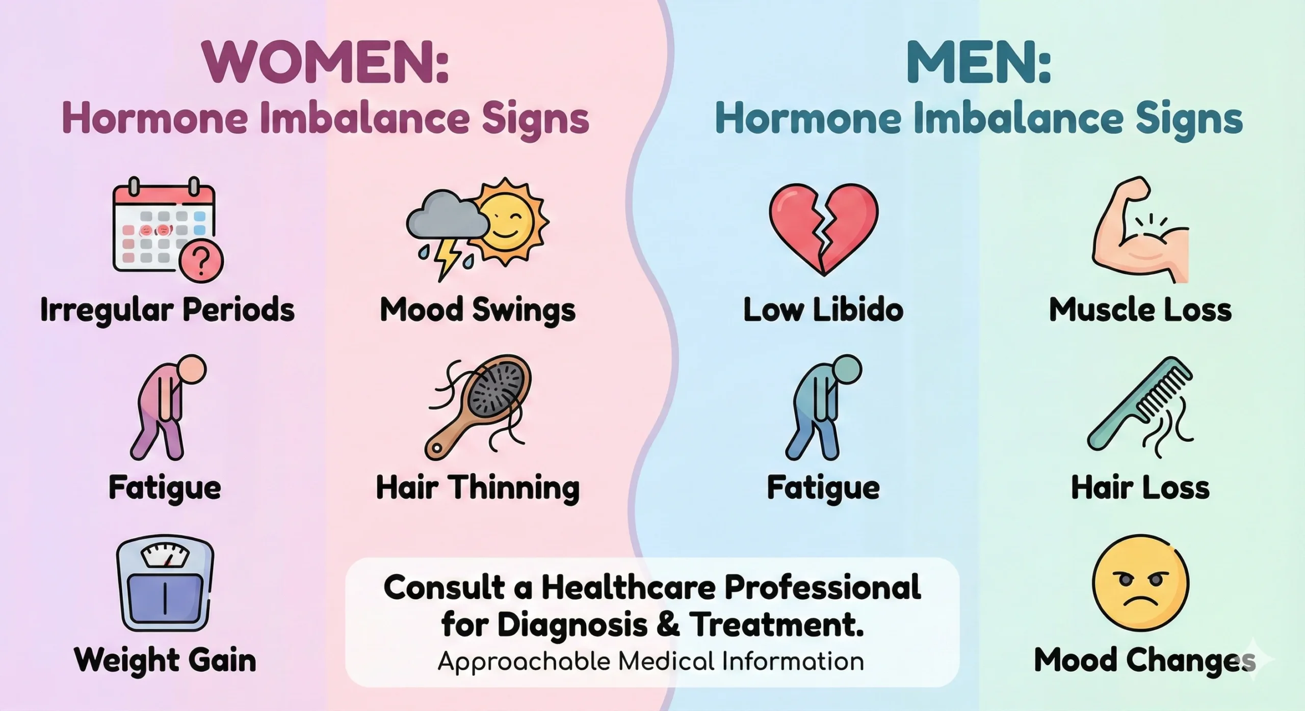 A modern infographic-style image showing signs of hormone imbalance, split design for men and women, clean layout, pastel colors, easy-to-read icons, medical but approachable.